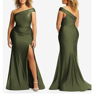 NWOT CYNTHIA &‎ Sahar Stretch ONE-SHOULDER SATIN MERMAID DRESS TRAIN GREEN XXL